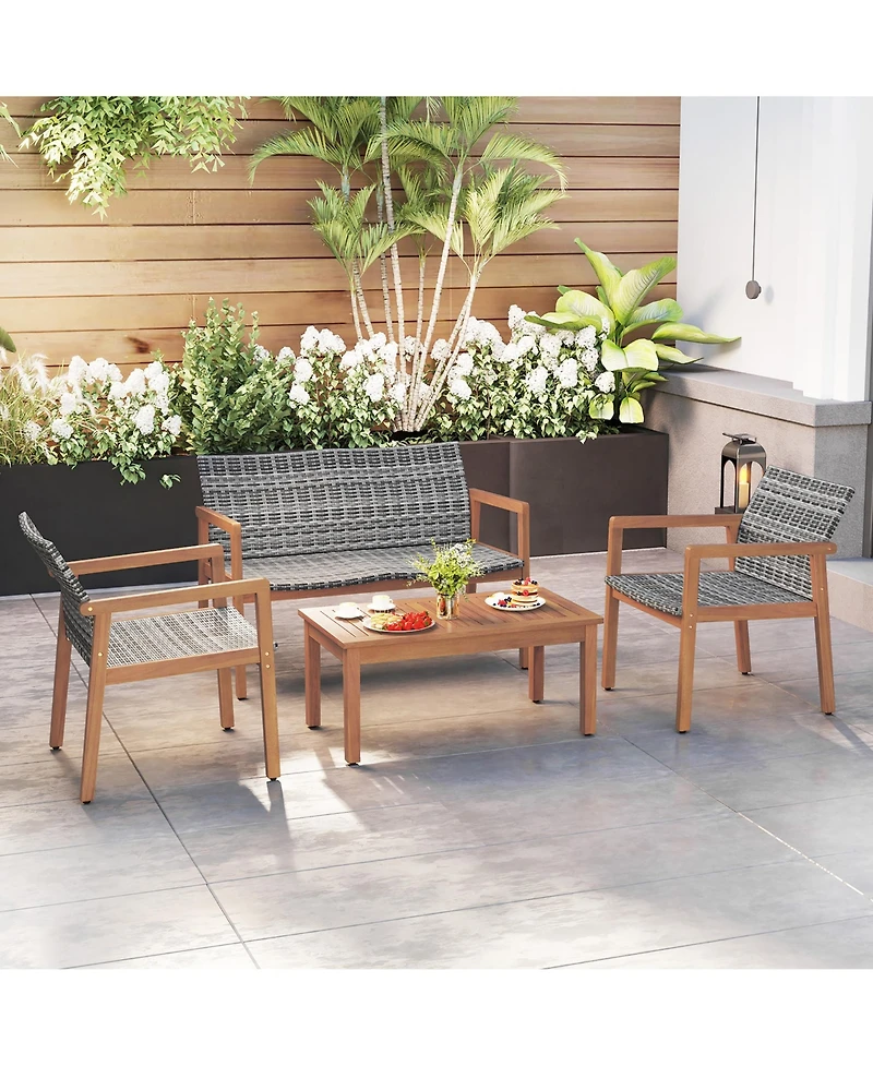 Gymax 4 Pieces Outdoor Furniture Set Acacia Wood Frame Sofa Set w/ Rattan Seat