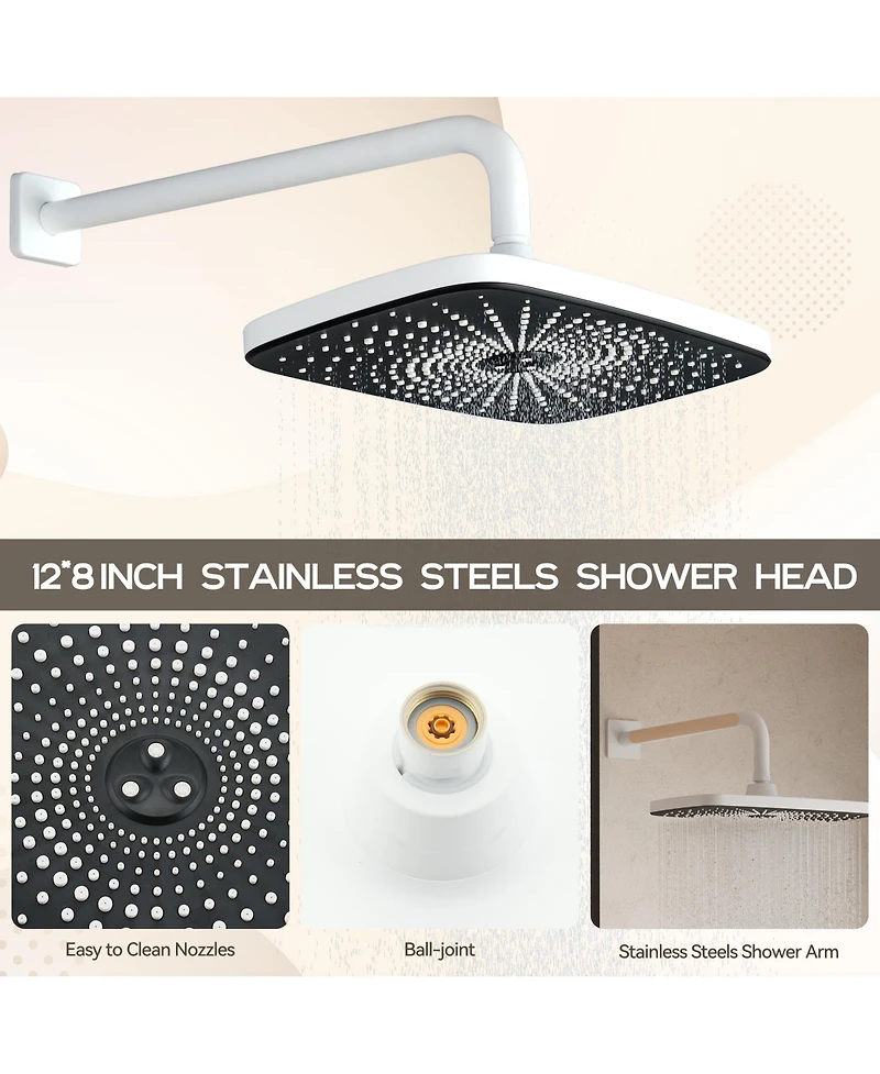 2-Function Shower System, Wall Mounted 10" Rain Shower Head, High-Pressure Luxury Shower Faucet Set with Temperature Display, Matte White