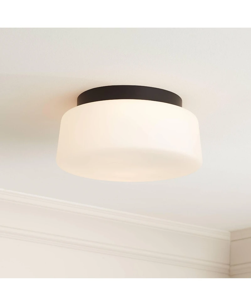 Possini Euro Design Buckley 13" Modern Flush-Mount Ceiling Light Fixture Kitchen Foyer Hallway Drum Round Black Finish White Glass