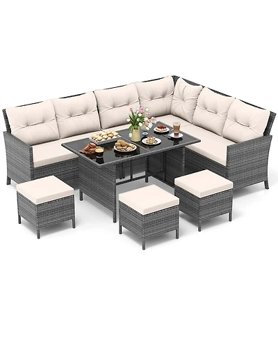 Gymax Set of 7 Dining Furniture Set Pe Rattan Sectional Sofa Set Patio