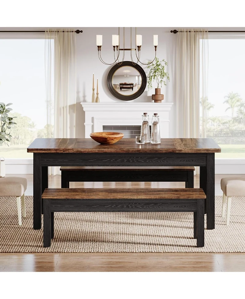 Tribesigns 55-Inch Large Dining Table Set for 4-6, 3 Pieces Wood Kitchen with 2 Benches, Rectangular Dinner Room Kitchen, R