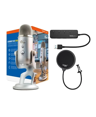 Blue Microphone Yeti Usb Mic (Silver) with Knox Gear Pop Filter and Usb Hub