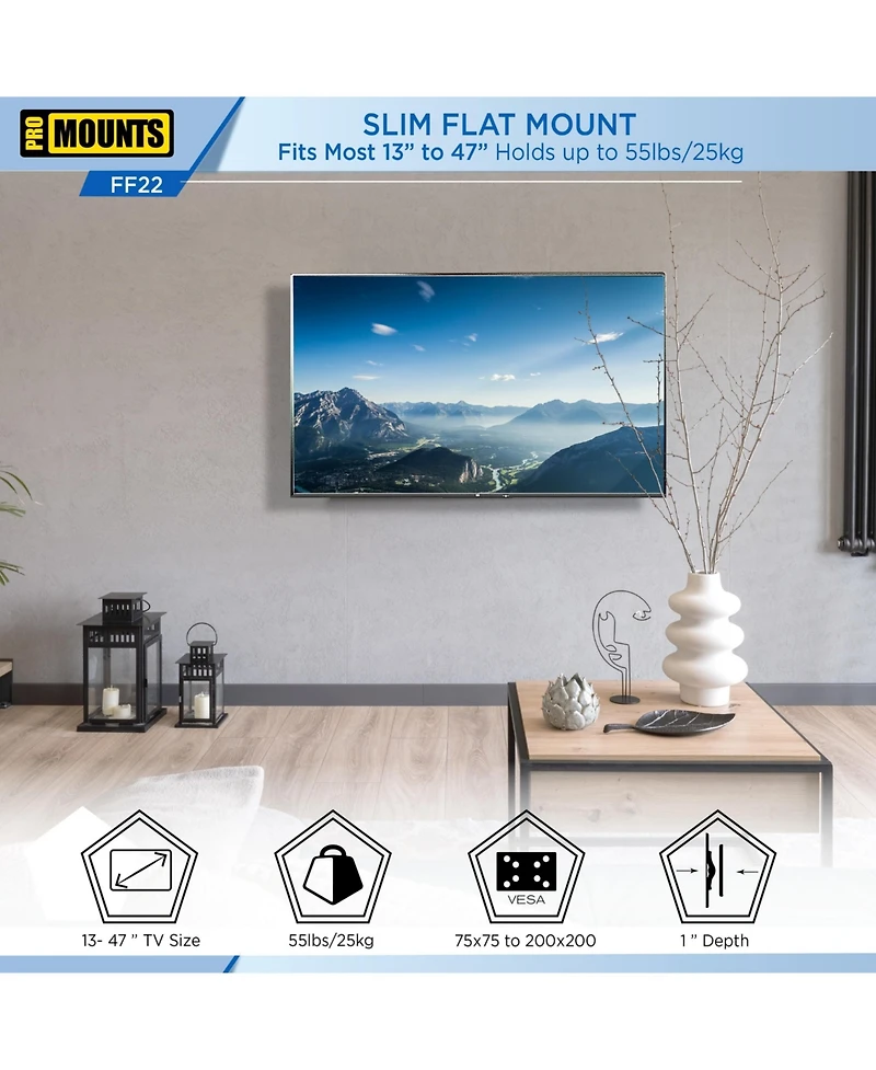 ProMounts Flat / Fixed Tv Wall Mount for 13" to 47" TVs, Holds up to 55lbs