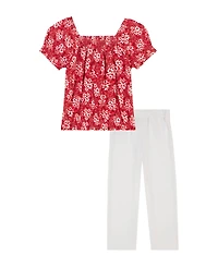 Tommy Hilfiger Toddler and Little Girls 2-Piece Floral Elasticized Crop Top and French Terry Wide Leg Pant Set