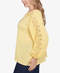 Ruby Rd. Plus Solid Textured Eyelet 3/4 Sleeve Top