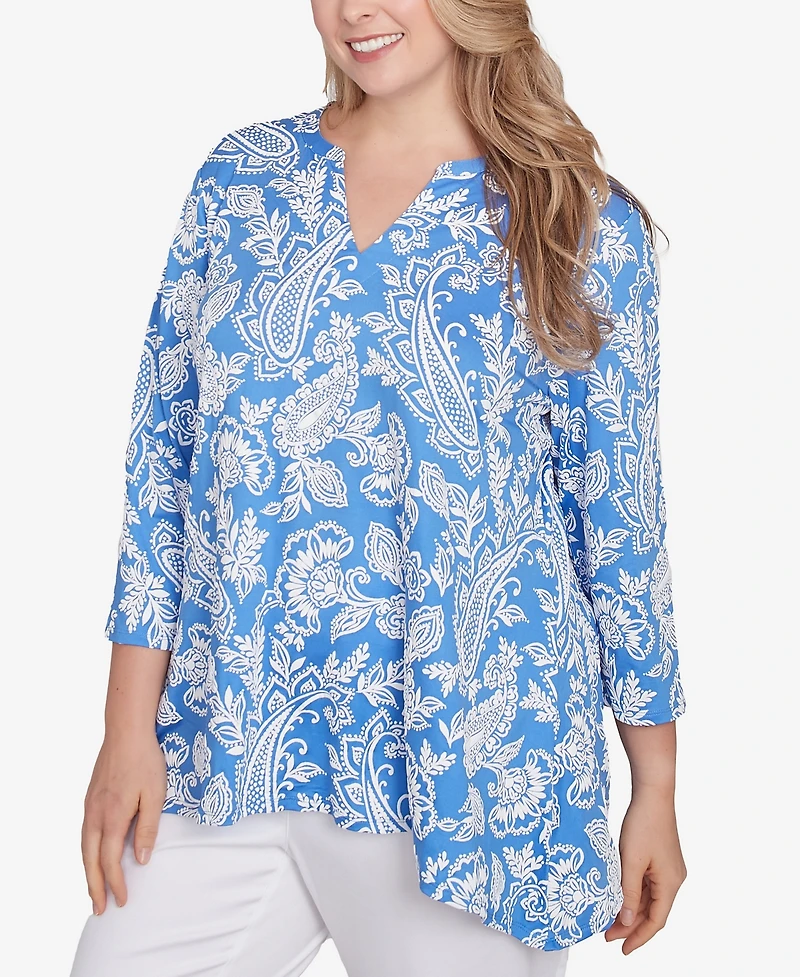 Ruby Rd. Plus Jacobean Paisley Puff Print V-Neck Top