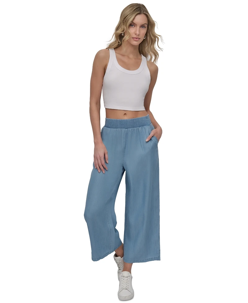 Dkny Jeans Petite Chambray Smocked-Waist Wide-Leg Ankle Pants