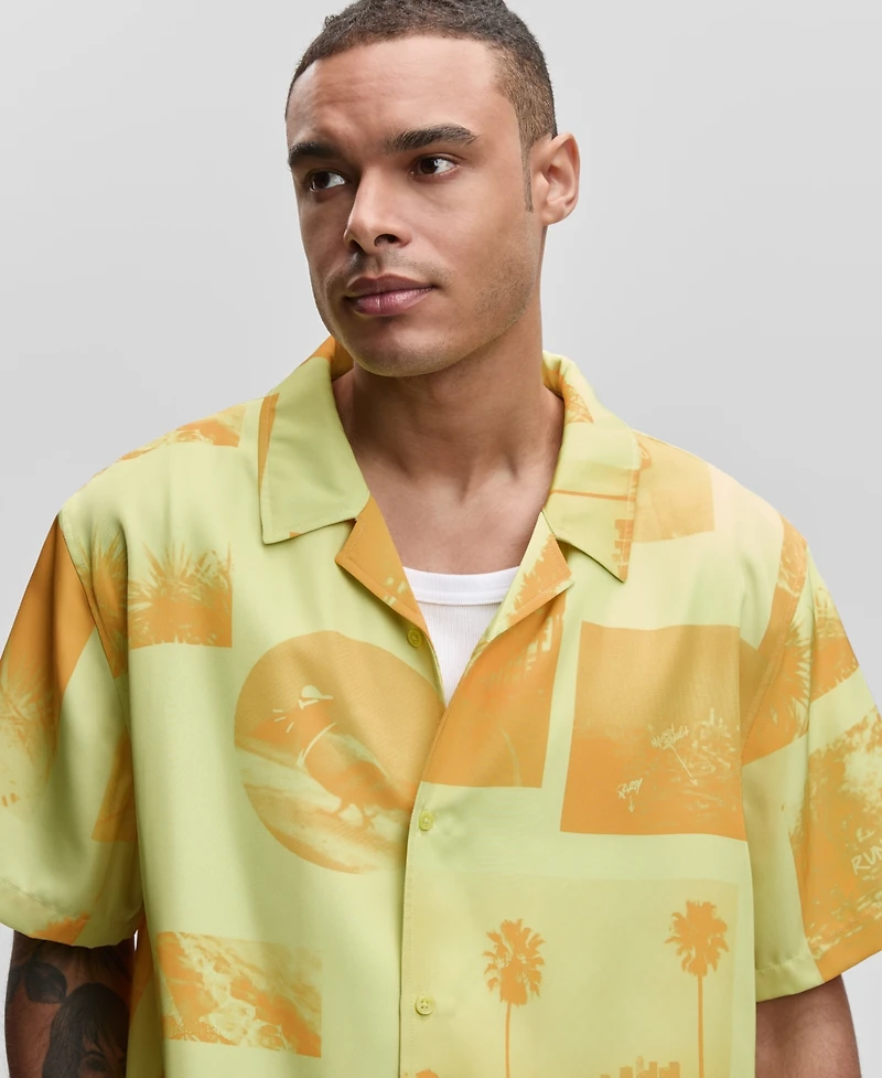 Mode of One Men's Short-Sleeve Photoreal Collage Camp Collar Shirt, Exclusively at Macy's