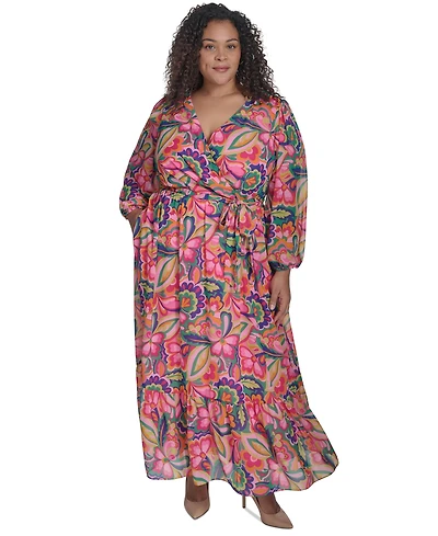 Jessica Howard Plus Printed Tie-Waist Blouson-Sleeve Maxi Dress