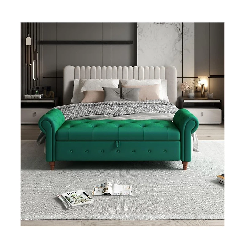 63 Inch Upholstered Storage Bench with Rolled Arms, Tufted Ottoman Large Hidden Compartment-The Pop Home