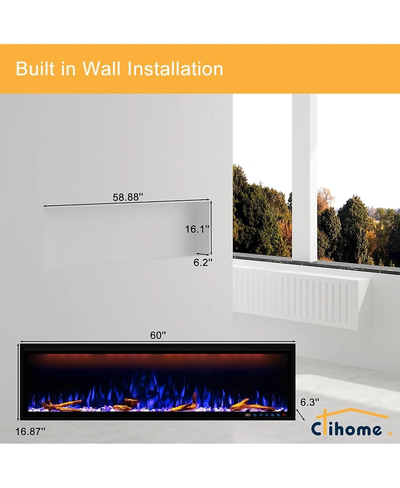 Smart 60" Wall-Mounted Electric Fireplace with Realistic Flame Effects, Dual Heating, and Alexa Compatibility