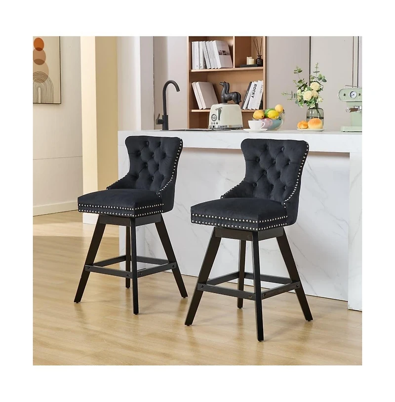 Swivel Velvet Counter Stools with Tufted Back, Nailhead Trim & Wooden Legs, Set of 2-The Pop Home