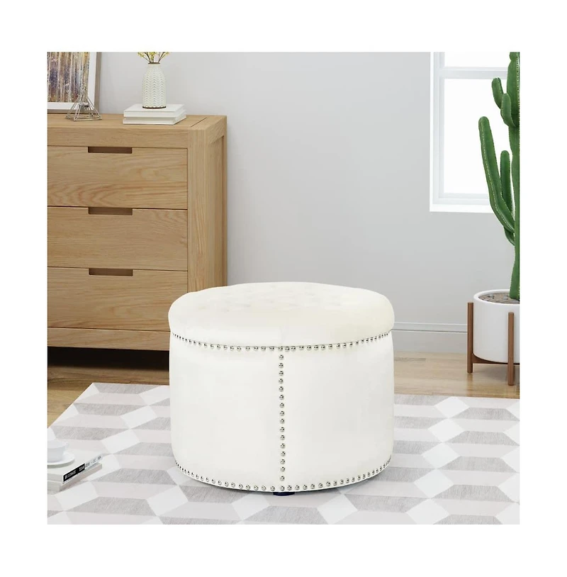 Round Velvet Tufted Ottoman, Upholstered Footrest with Button-Tufted Design & Studded Trim-The Pop Home