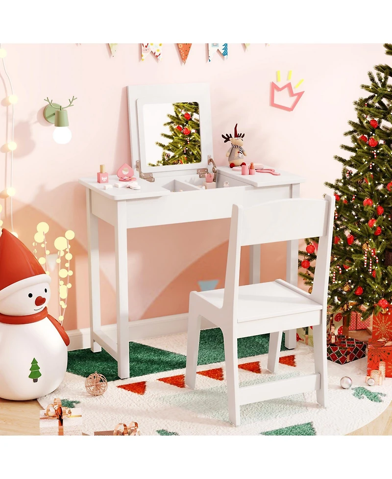 2-in-1 Kids Vanity Makeup Table and Chair Set with Flip-Top Mirror Fun and Stylish Dressing Set for Kids