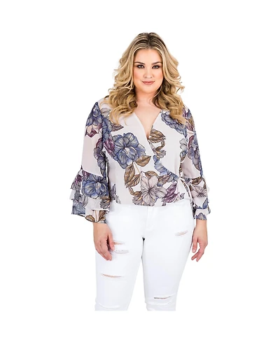 Plus Size Women's Floral Print Chiffon Flare Sleeve Blouse