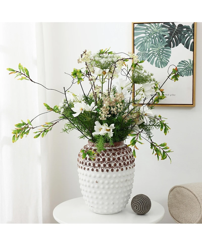 LuxenHome Vintage White and Brown Beaded 12-Inch Tall Urn Vase