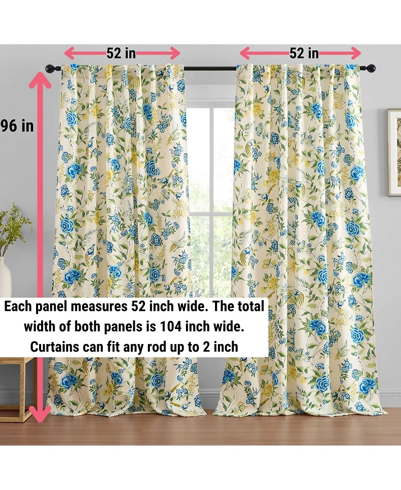 Hlc.me Scarlet Floral & Birds Patterned Back Tab Rod Pocket - Light Blocking Darkening Window Panels, Set of 2 (Green and Yellow, 52 W x 96 L)
