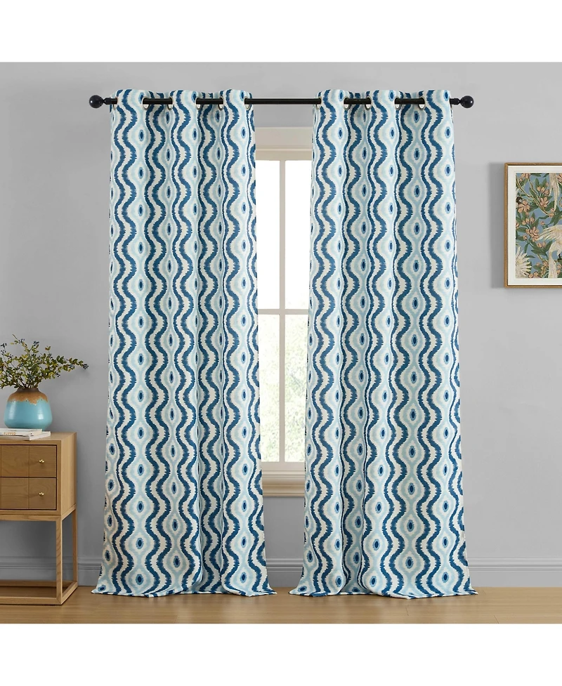 Hlc.me Tanner Ogee Ikatt Damask Patterned Window Grommet Curtains Bedroom - Light Blocking Darkening Window Panels, Set of 2 (Blue