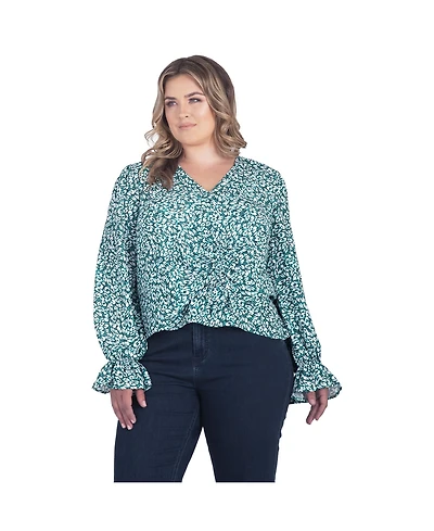 Plus Women's Long Flute Sleeve V-Neck Blouse Tops