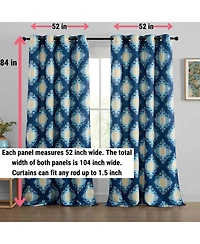 Hlc.me Liam Ogee Ikatt Damask Patterned Window Grommet Curtains Bedroom - Light Blocking Darkening Window Panels, Set of 2 (Navy Blue