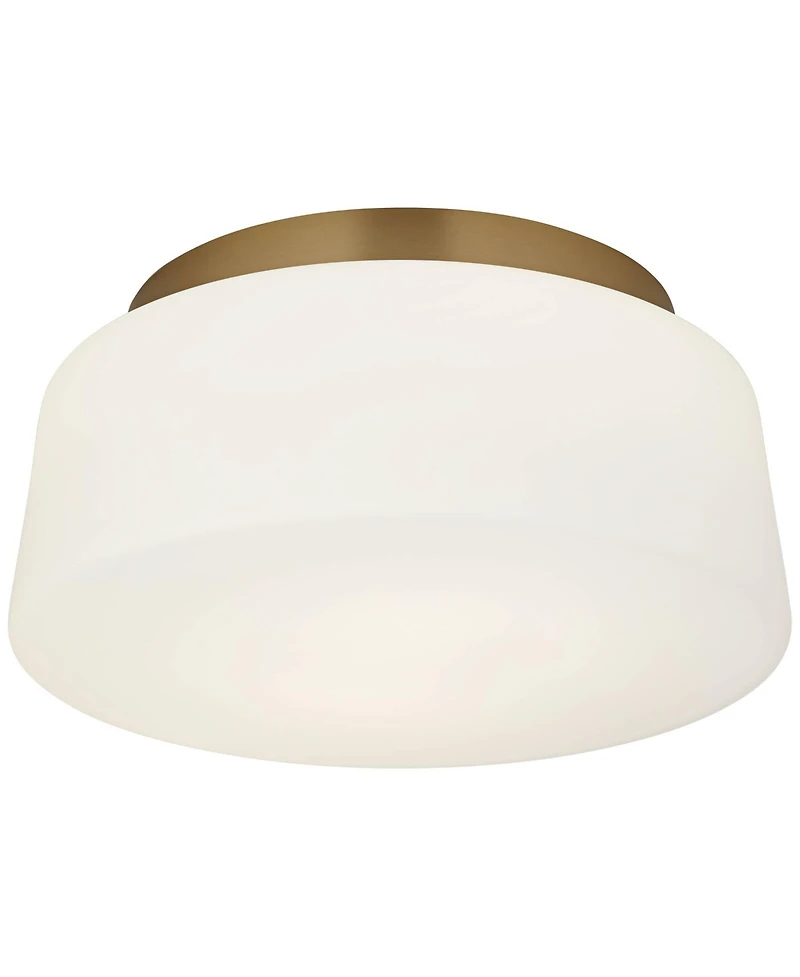 Buckley 13" Modern Flush-Mount Ceiling Light Fixture Kitchen Foyer Hallway Drum Round Warm Brass Finish White Glass Metal Bedroom Bathroom Entryw