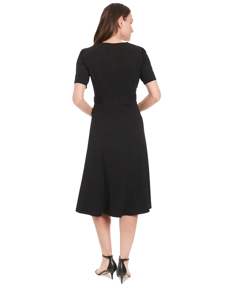 London Times Women's Puff-Sleeve Tab-Detail Fit & Flare Dress