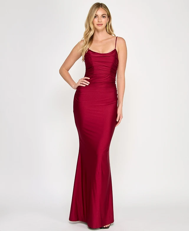 Crystal Doll Juniors' Ruched Strappy-Back Satin Gown | Westland Mall Crystal Doll Juniors' Ruched Strappy-Back Satin Gown | Westland Mall