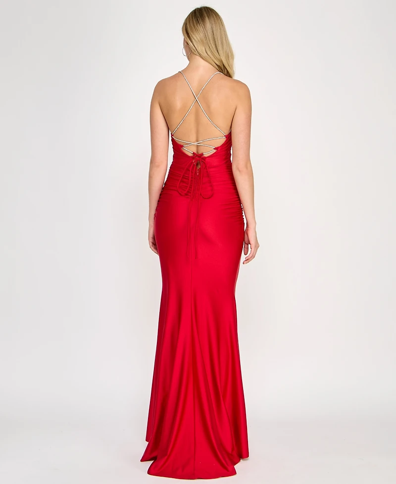 Crystal Doll Juniors' Rhinestone-Strap Lace-Up-Back Gown