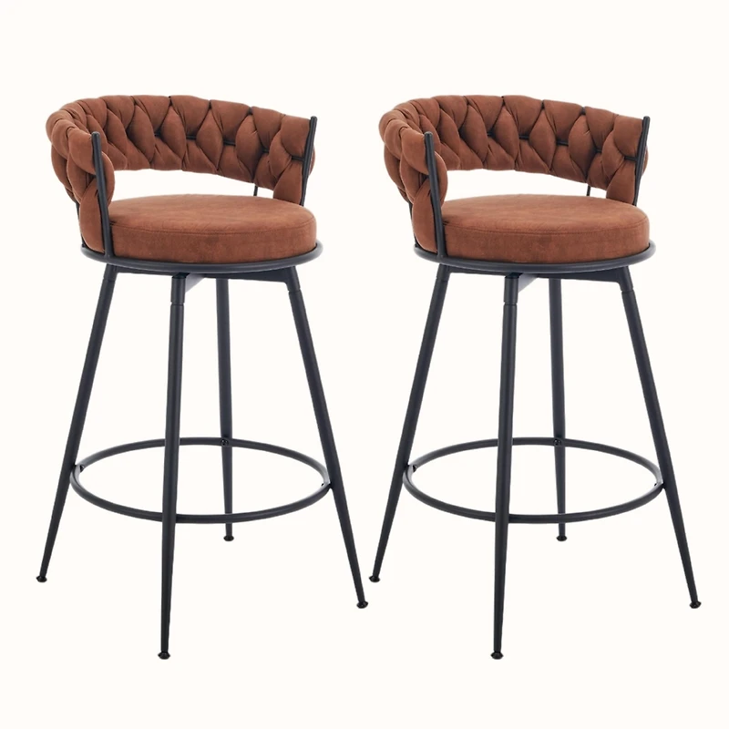 Dyhome 28 inch Bar Stools Set of 2, Modern Counter Height Bar Stools, 360° Swivel Suede Fabric Stool Chairs with Woven Back and Footrest