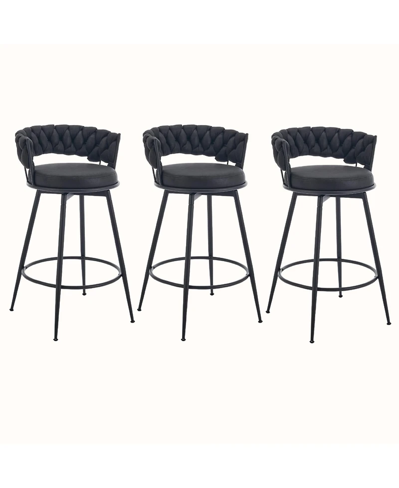 Dyhome 28 inch Bar Stools Set of 3, Modern Counter Height Stools, 360° Swivel Suede Fabric Stool Chairs with Woven Back and Footrest