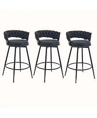 Dyhome 28 inch Bar Stools Set of 3, Modern Counter Height Stools, 360° Swivel Suede Fabric Stool Chairs with Woven Back and Footrest