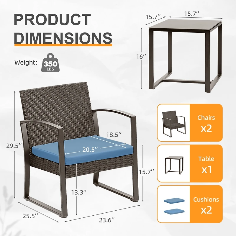 Aoodor 3-Piece Patio Furniture Set, Outdoor Rattan Wicker Chairs with Table, Sofa Set Including Cushions