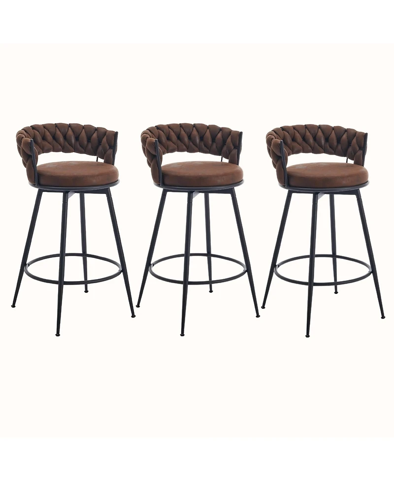 Dyhome 28 inch Bar Stools Set of 3, Modern Counter Height Stools, 360° Swivel Suede Fabric Stool Chairs with Woven Back and Footrest