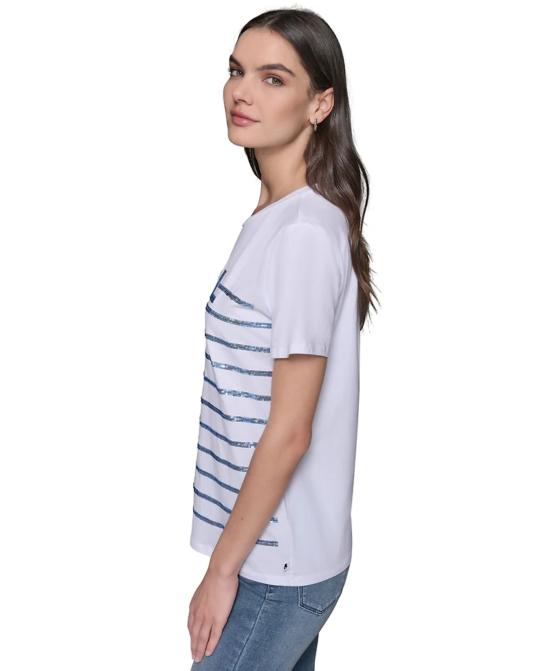 Karl Lagerfeld Paris Women's Embellished Stripe Crewneck Tee