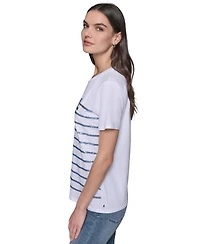 Karl Lagerfeld Paris Women's Embellished Stripe Crewneck Tee
