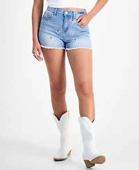 Indigo Rein Juniors' Embroidered Floral Frayed-Hem Denim Shorts