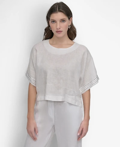 Dkny Women's Cropped Short-Sleeve Studded Linen Top