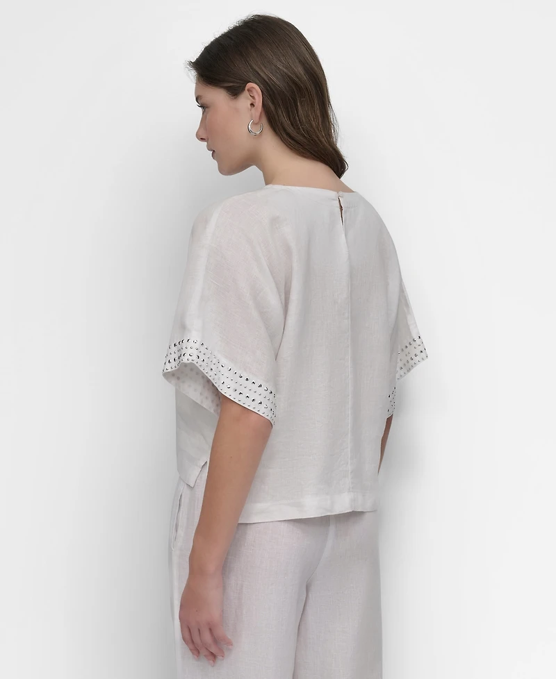 Dkny Women's Cropped Short-Sleeve Studded Linen Top