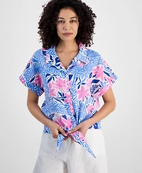 Charter Club Petite 100% Linen Floral-Print Tie-Front Shirt, Exclusively at Macy's