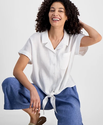 Charter Club Petite Linen Tie-Front Top, Exclusively at Macy's