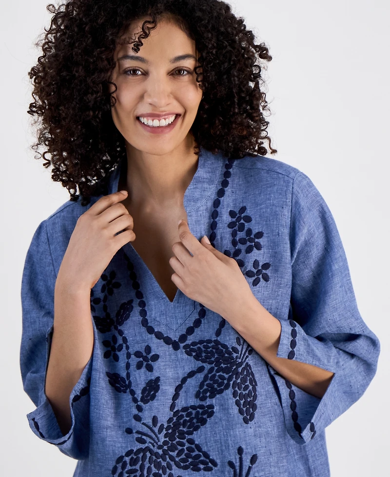 Charter Club Petite Embroidered Linen Tunic, Exclusively at Macy's