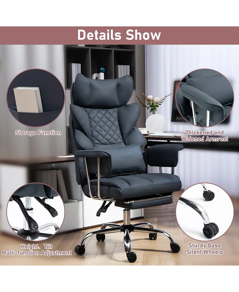 Dyhome Faux Leather Gaming Chair, Ergonomic High-Back Office Chair With Tilt and Swivel, Reclining Computer Desk for Women, Men