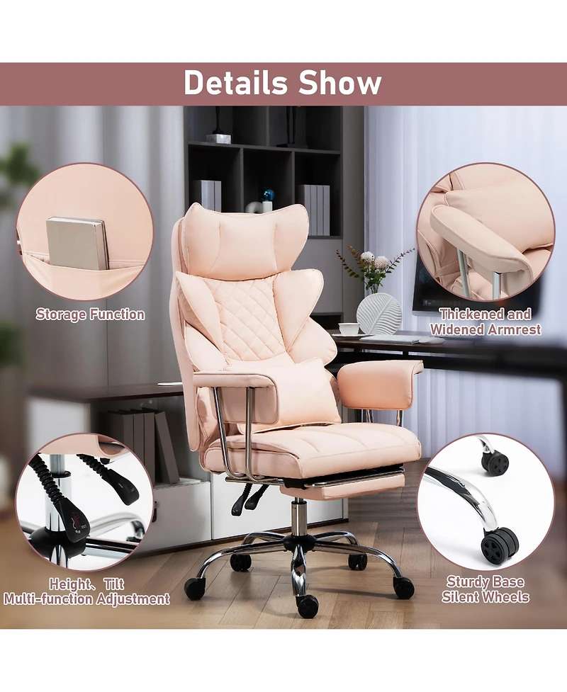 Dyhome Faux Leather Gaming Chair, Ergonomic High-Back Office Chair With Tilt and Swivel, Reclining Computer Desk for Women, Men