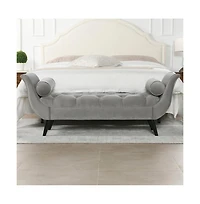 64 Inch Tufted Velvet Entryway Bench, Upholstered Bedroom Bench with Bolster Pillows & Wood Legs-The Pop Home