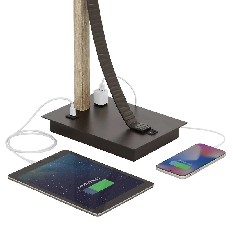 Gentry Industrial Desk Table Lamp 22" High with Usb and Ac Power Outlet in Base Oil Rubbed Bronze Faux Wood Metal Cage Oatmeal Drum Shade for Bedroom