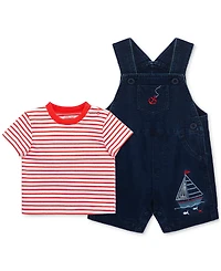 Little Me Baby Boys 2-Pc. Stripe T-Shirt & Sailboat Shortall Set
