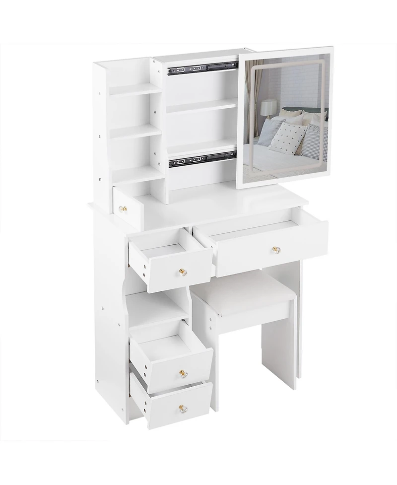 50.40"Small Size Left Drawer Desktop Vanity Table + Cushioned Stool, Touch Control Sliding Led Mirror, Tri-color Switching,White
