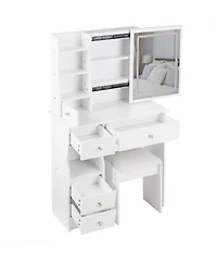 50.40"Small Size Left Drawer Desktop Vanity Table + Cushioned Stool, Touch Control Sliding Led Mirror, Tri-color Switching,White