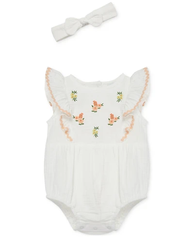 Little Me Baby Girls 2-Pc. Gauze Embroidered Flowers Bubble Romper & Headband Set
