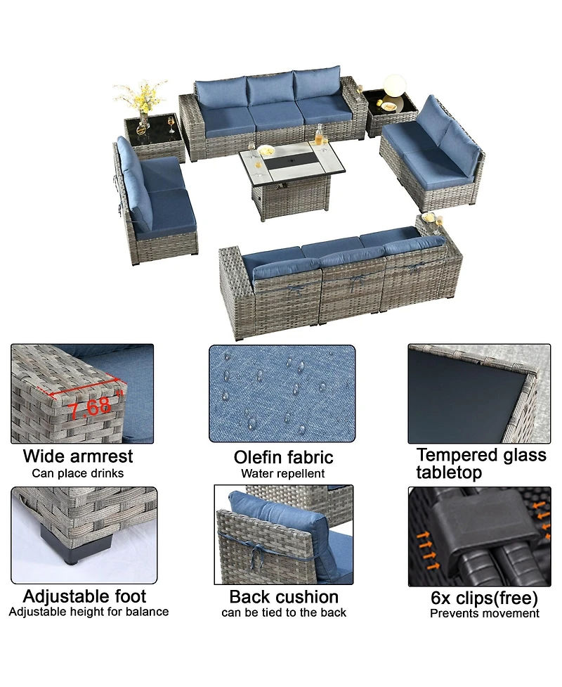 Xizzi 13 Pieces Patio Furniture Set,Outdoor Sectional Sofa Couch Set,Modern Conversation Set with Rectangular Fire Pit Table,Wide Armrests and D